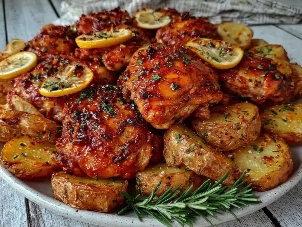 crispy greek lemon chicken with potatoes - featured image