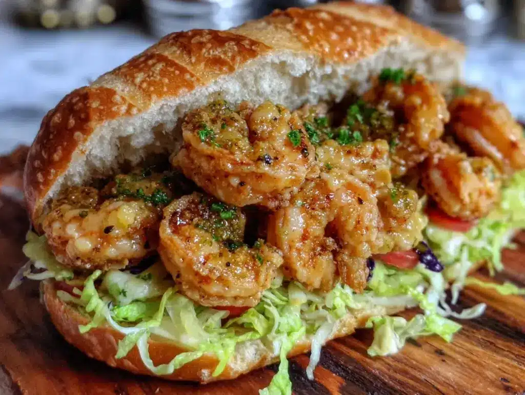 crispy po boy shrimp sandwich - featured image
