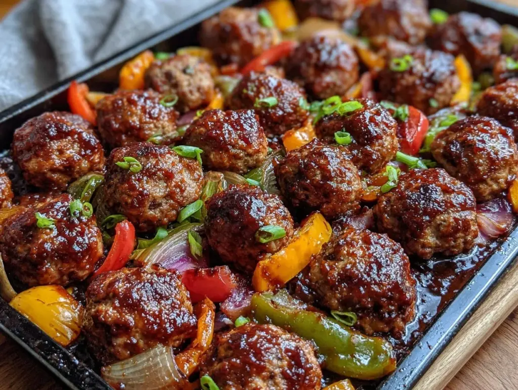 crispy sheet pan bbq meatballs - featured image