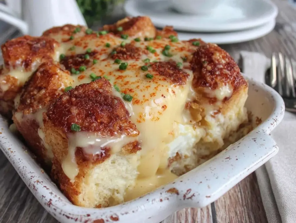 easy creamy eggs benedict casserole - featured image