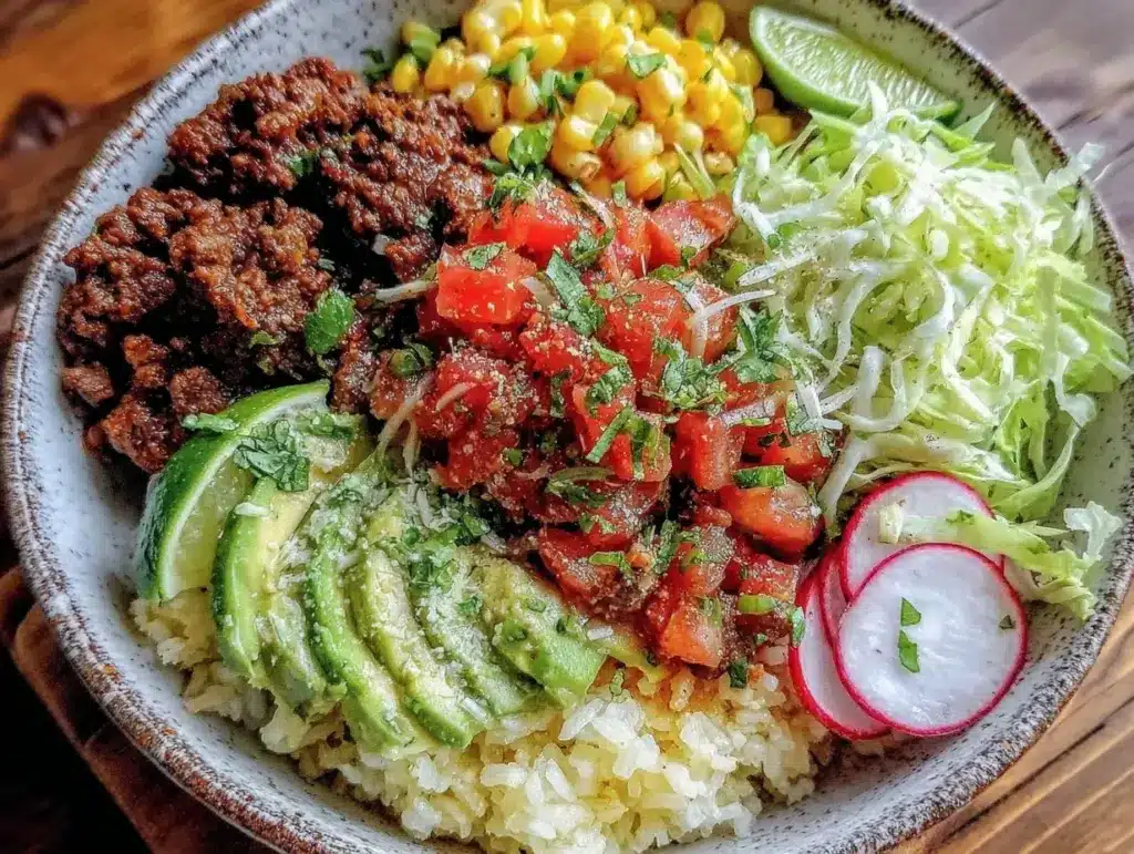 flavorful taco bowl with cilantro lime rice - featured image