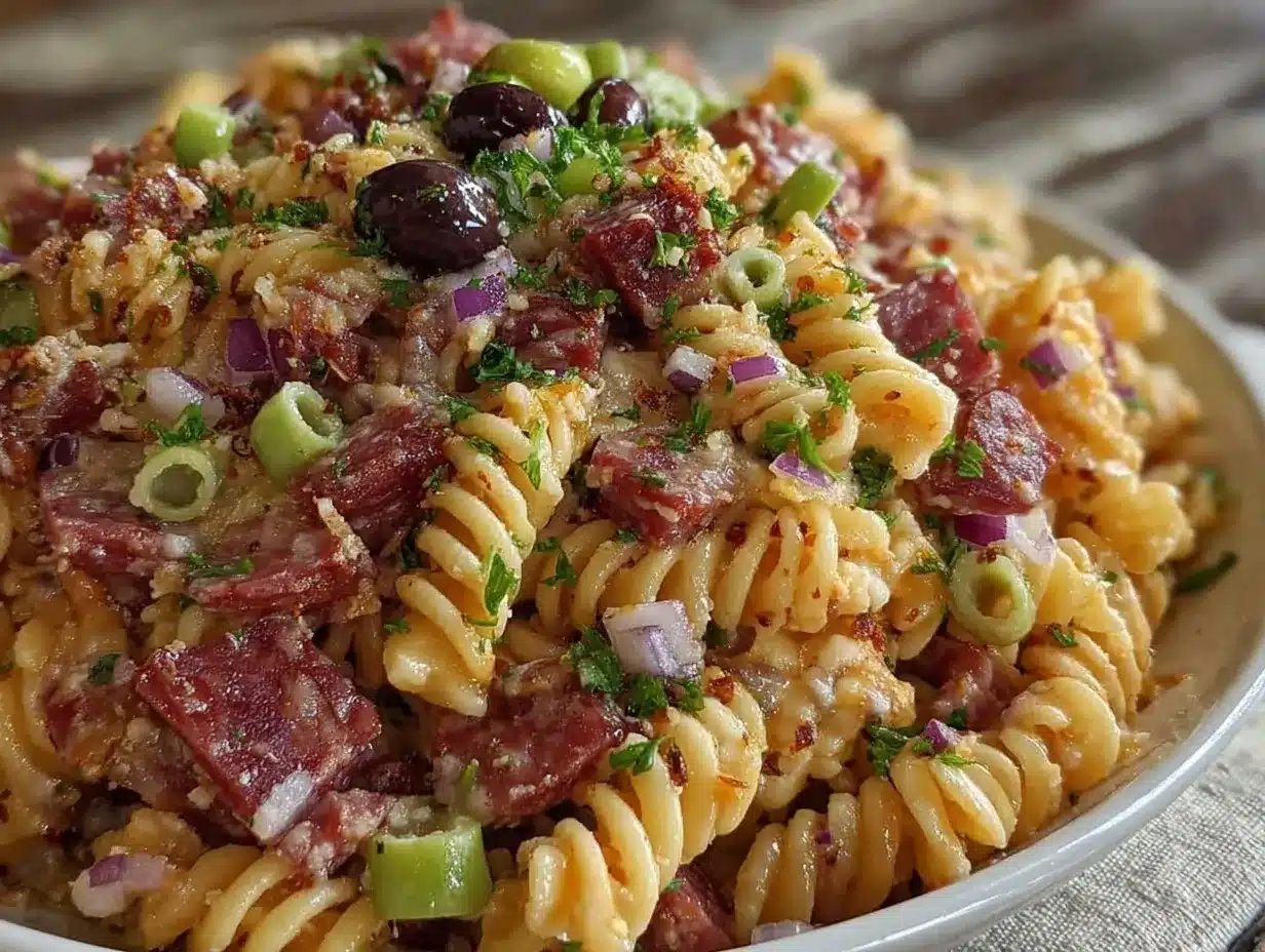 Muffuletta pasta salad preparation steps