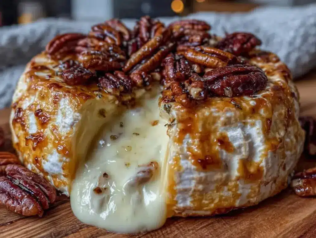 baked brie with hot honey and toasted pecans - featured image