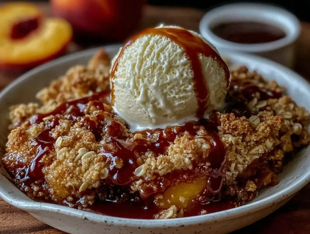 brown butter honey peach crisp - featured image