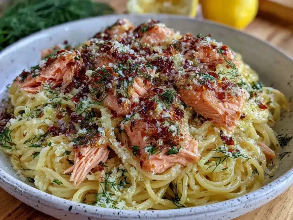 brown butter lemon herb salmon pasta - featured image