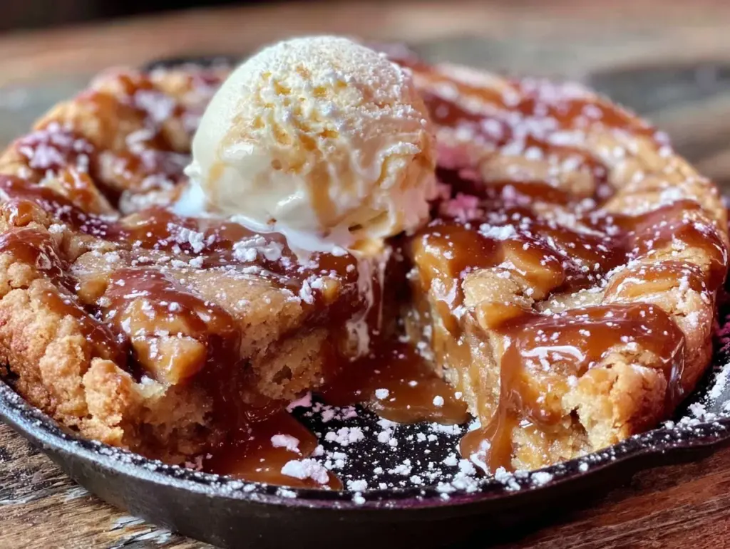 brown butter salted caramel skillet cookie - featured image