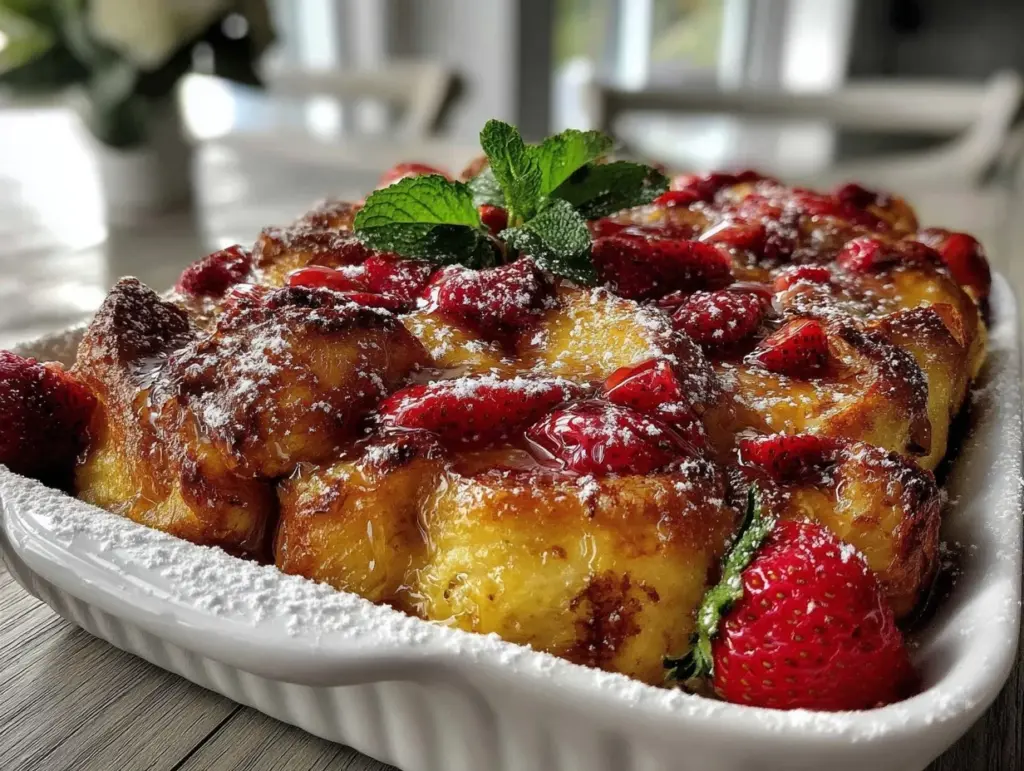 champagne glazed strawberry french toast bake - featured image
