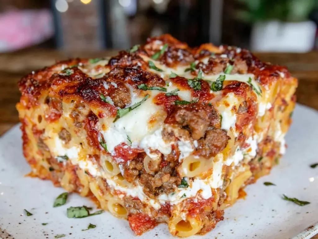 cheesy ground beef pasta bake - featured image