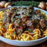 creamy crock pot beef stroganoff - featured image