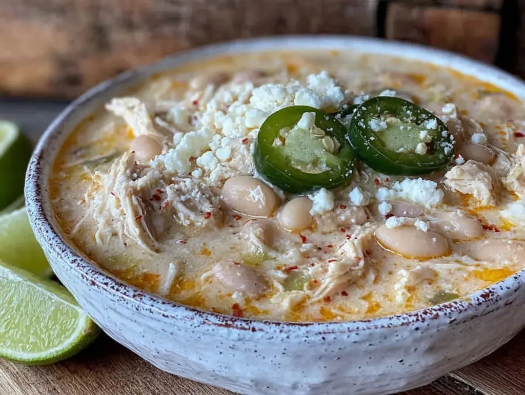 creamy crockpot white chicken chili - featured image
