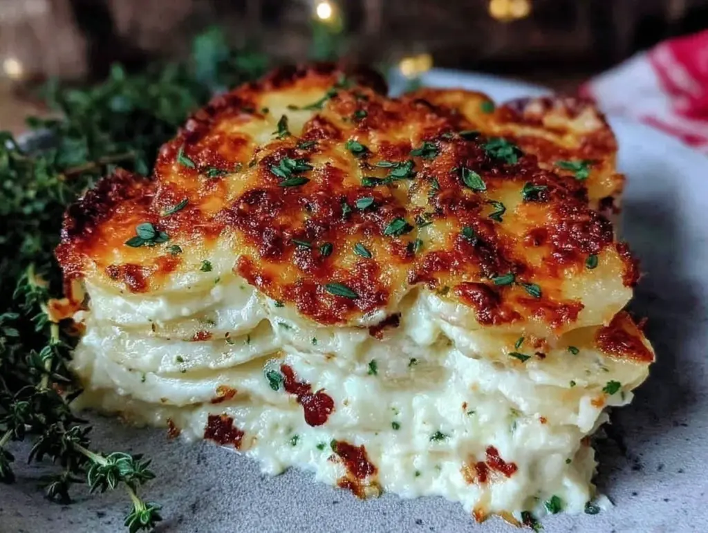 creamy garlic herb scalloped potatoes au gratin - featured image
