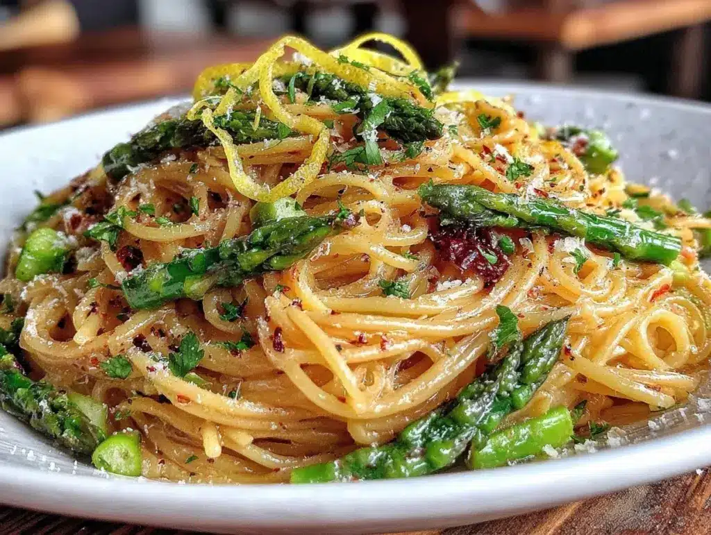 creamy lemon asparagus carbonara - featured image