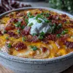 creamy loaded baked potato soup with bacon - featured image