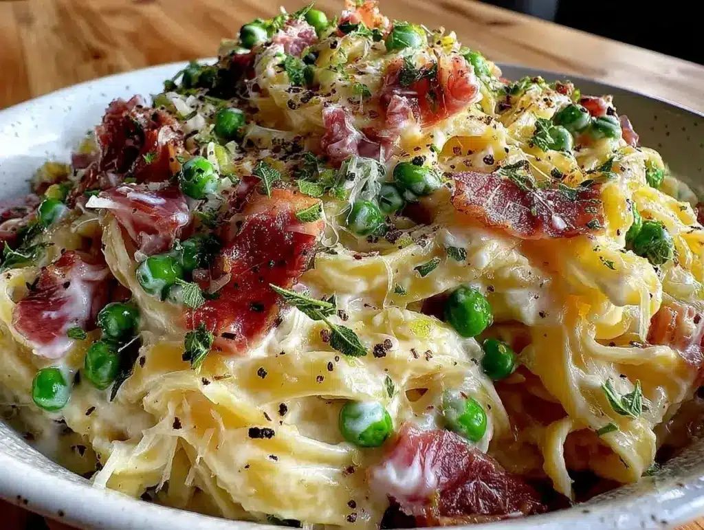 creamy pea and prosciutto mint pasta - featured image