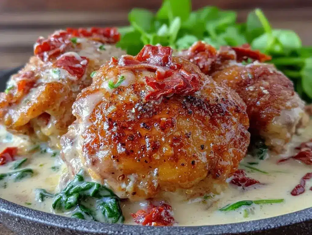 creamy tuscan chicken thighs - featured image