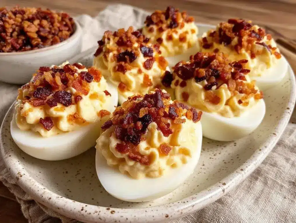 crispy classic deviled eggs with bacon topping - featured image