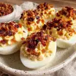 crispy classic deviled eggs with bacon topping - featured image