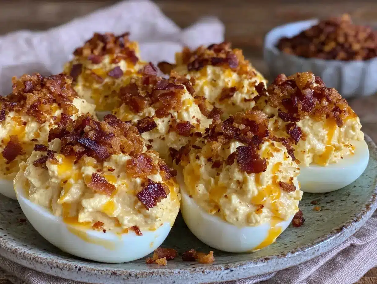 crispy classic deviled eggs with bacon topping preparation steps