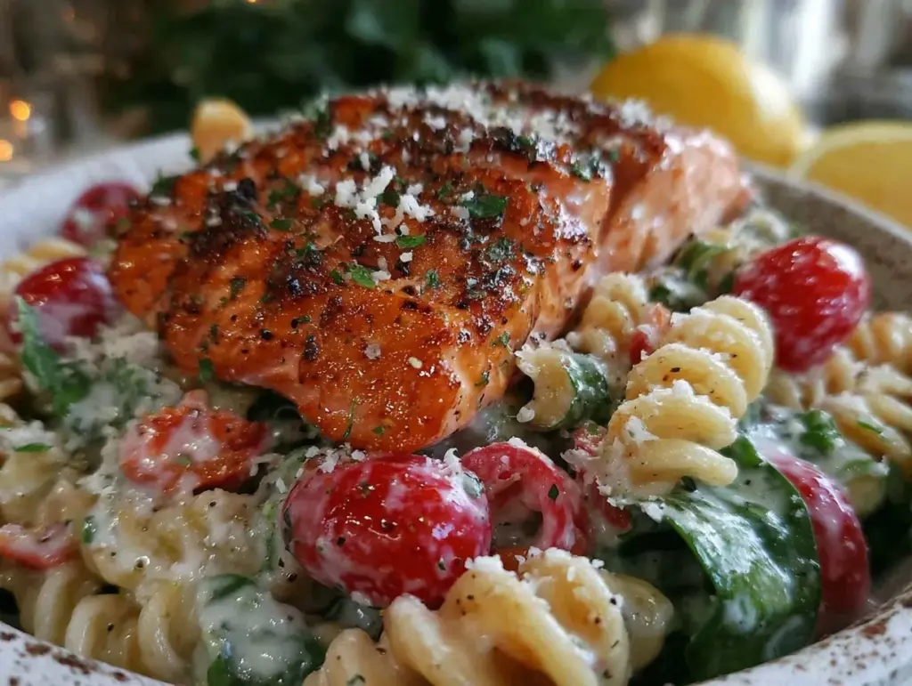 crispy grilled salmon caesar pasta salad - featured image