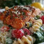 crispy grilled salmon caesar pasta salad - featured image