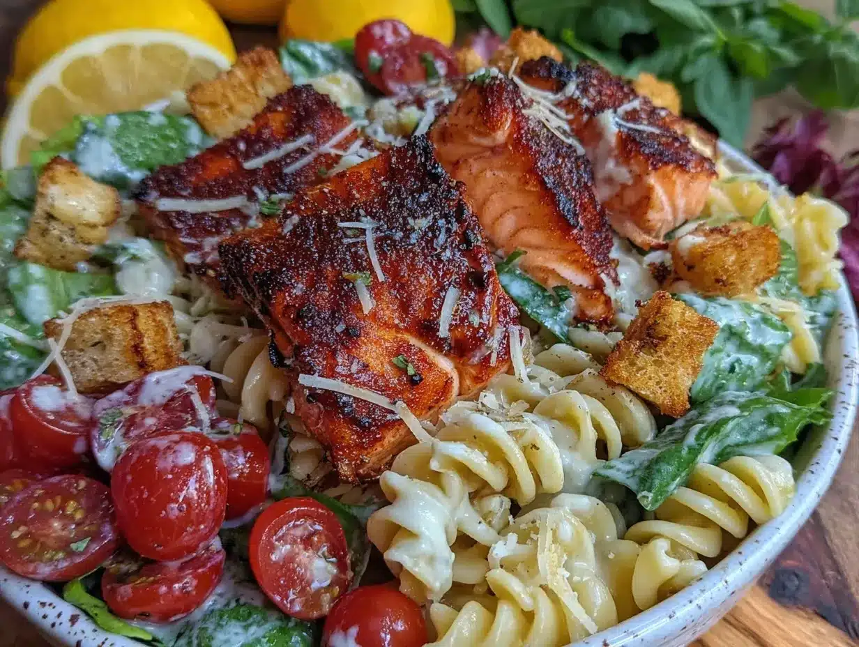 crispy grilled salmon caesar pasta salad preparation steps