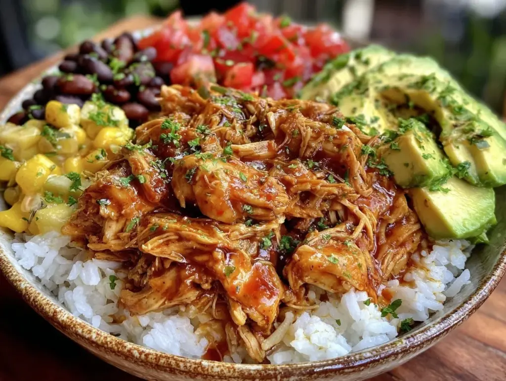 easy summer crockpot chicken burrito bowl - featured image