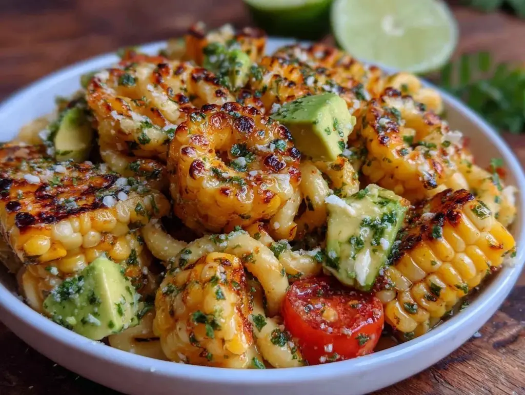 fresh grilled corn and avocado pasta salad - featured image