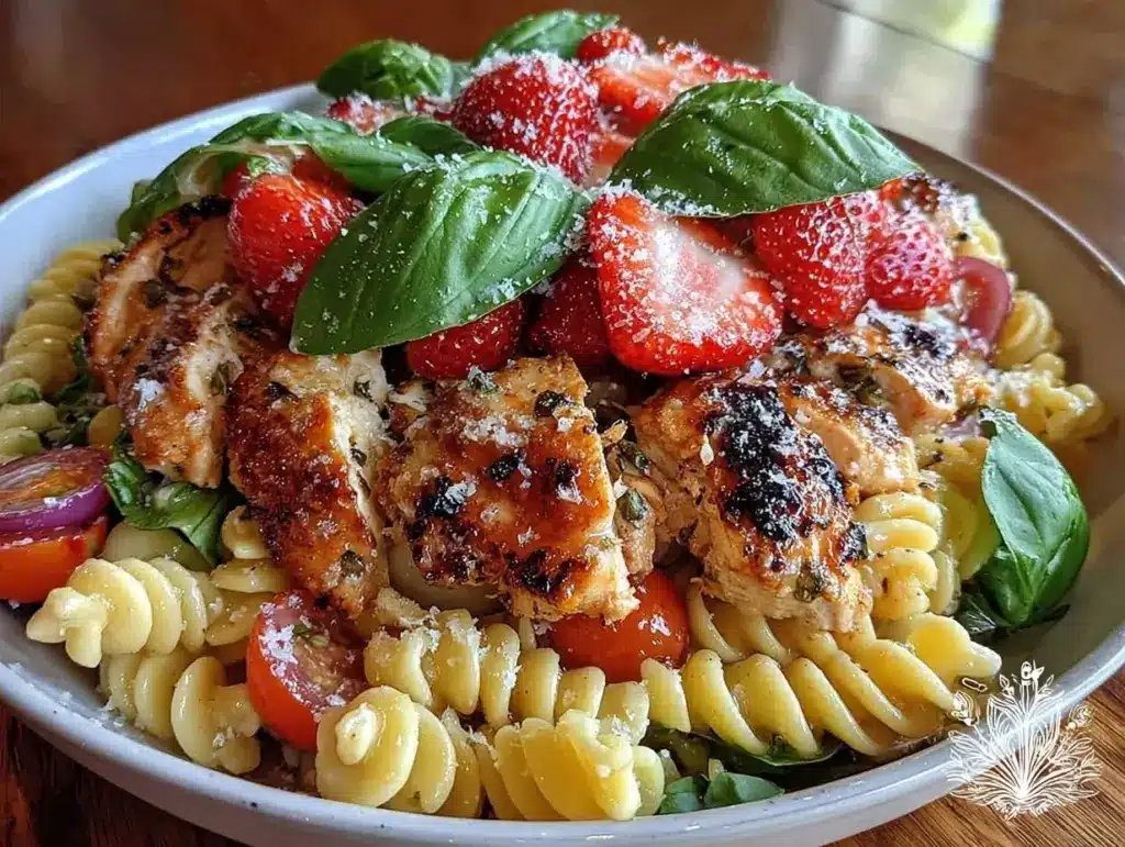 fresh strawberry balsamic chicken pasta salad - featured image