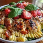 fresh strawberry balsamic chicken pasta salad - featured image