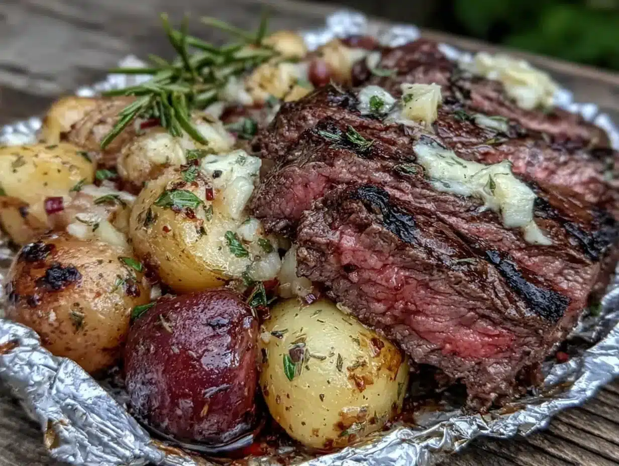 garlic butter steak and potato packets preparation steps