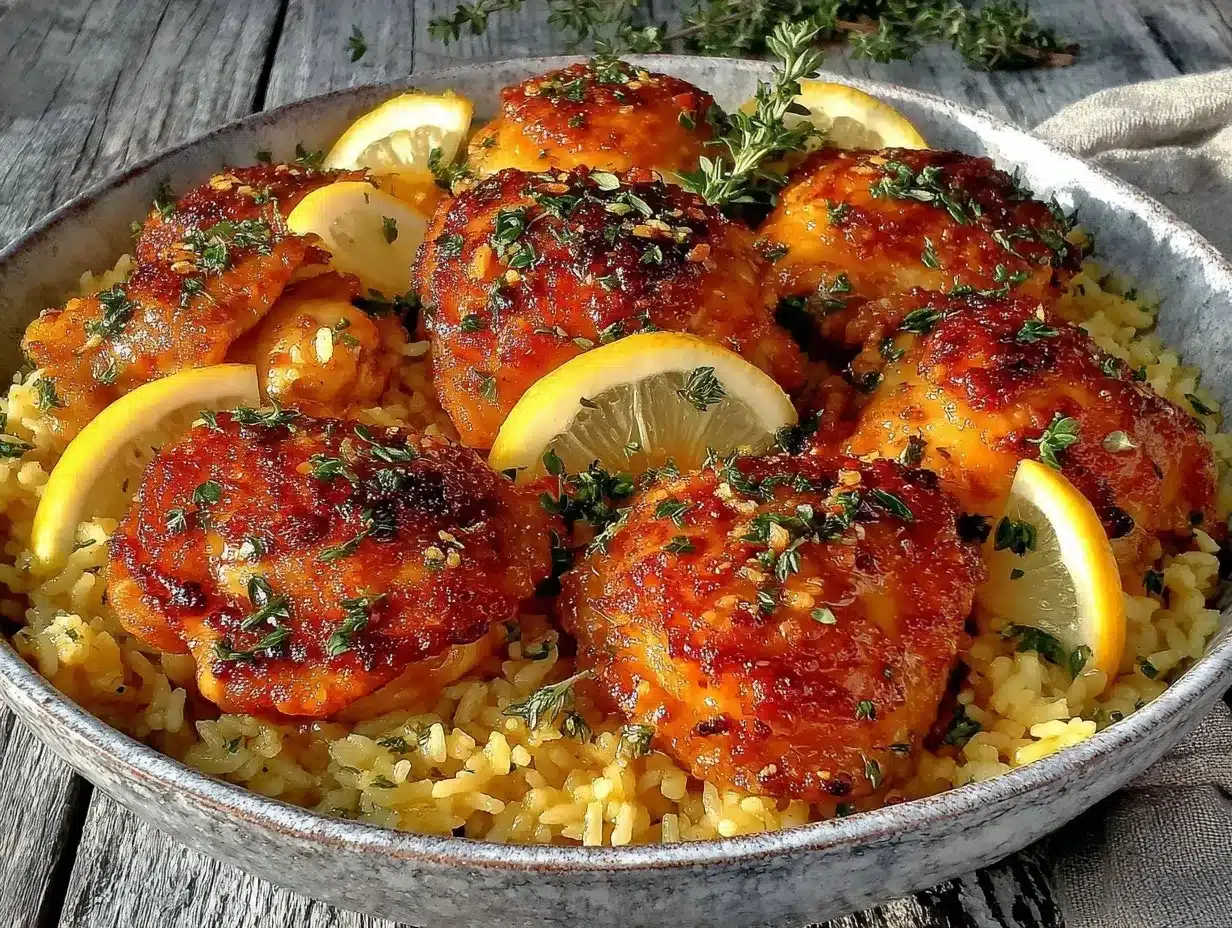 one-pot crispy lemon herb chicken and rice preparation steps
