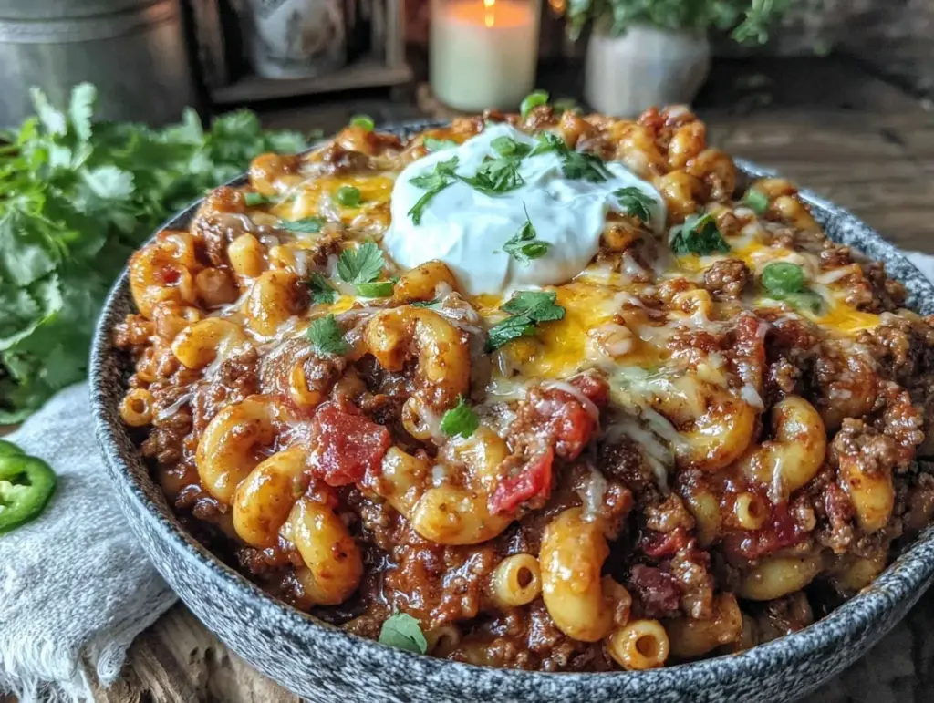 one-pot ground beef chili mac - featured image