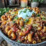 one-pot ground beef chili mac - featured image