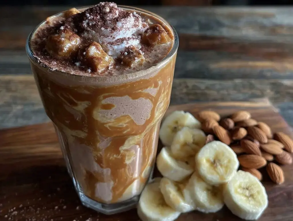 protein coffee banana almond butter smoothie - featured image