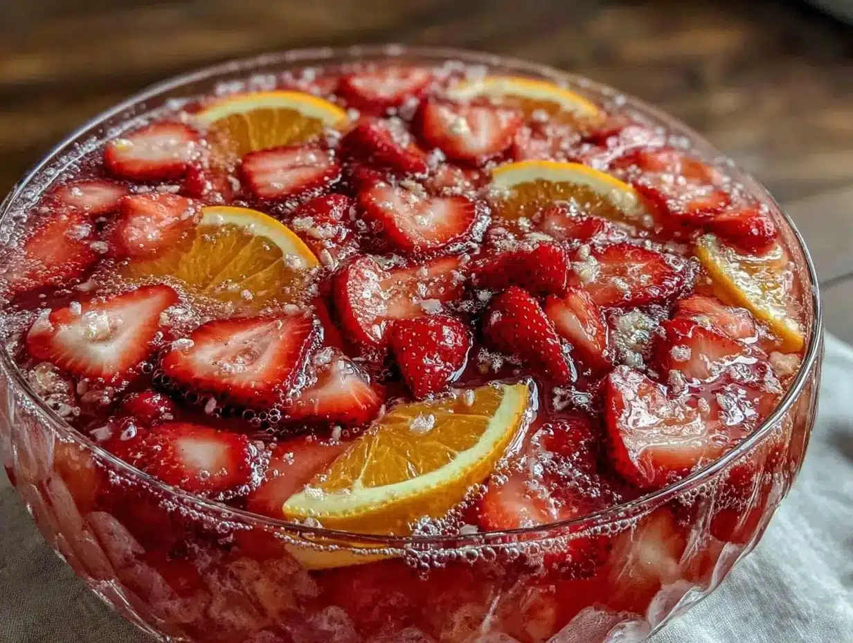 sparkling strawberry champagne mimosa punch bowl preparation steps