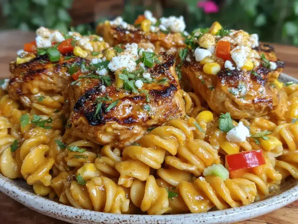 spicy chipotle chicken street corn pasta salad - featured image