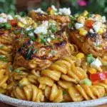 spicy chipotle chicken street corn pasta salad - featured image
