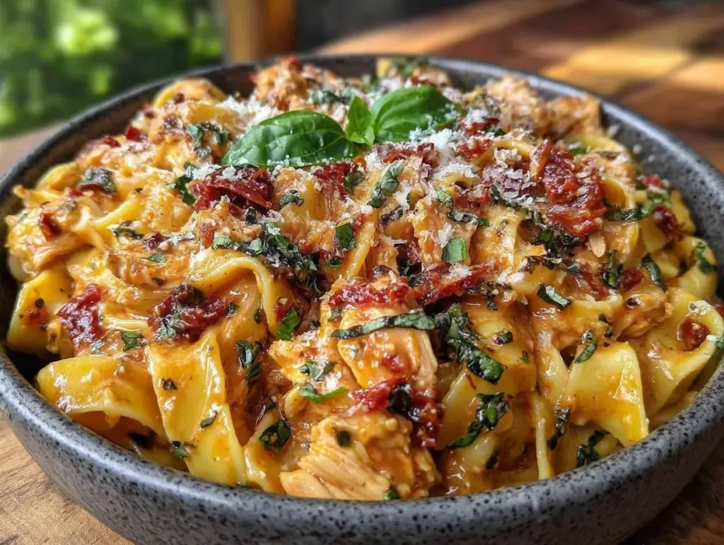 sun-dried tomato basil shredded chicken pasta - featured image