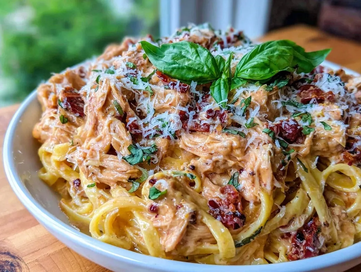 sun-dried tomato basil shredded chicken pasta preparation steps