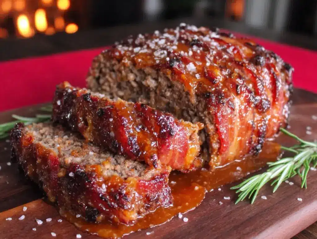 whiskey glazed bacon wrapped meatloaf - featured image