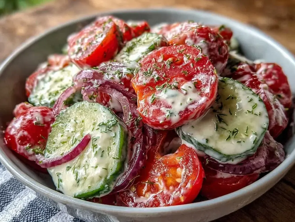 creamy dill cucumber tomato side salad - featured image