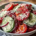 creamy dill cucumber tomato side salad - featured image