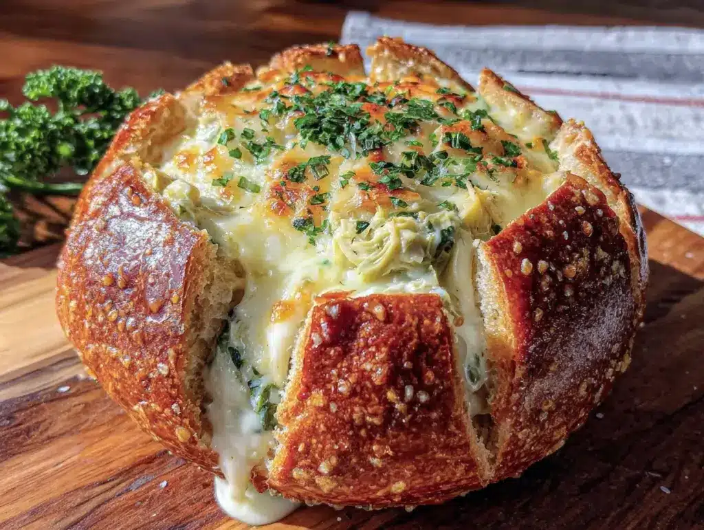 creamy spinach artichoke dip stuffed bread bowl - featured image