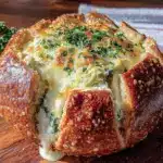 creamy spinach artichoke dip stuffed bread bowl - featured image