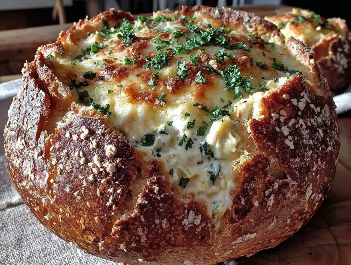 creamy spinach artichoke dip stuffed bread bowl preparation steps