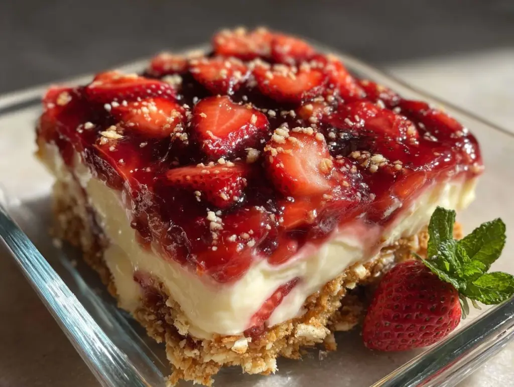 creamy strawberry pretzel salad dessert - featured image