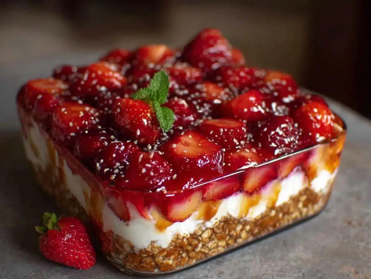 creamy strawberry pretzel salad dessert preparation steps