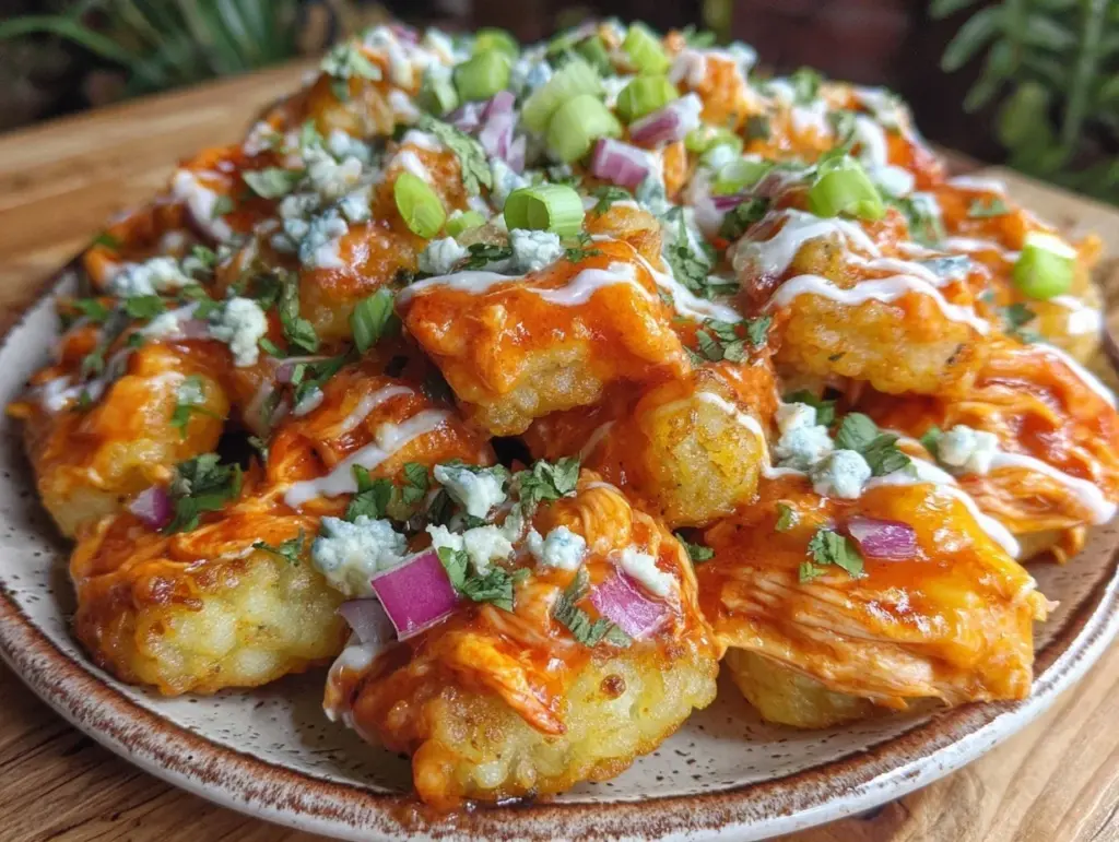 crispy loaded buffalo chicken totchos - featured image