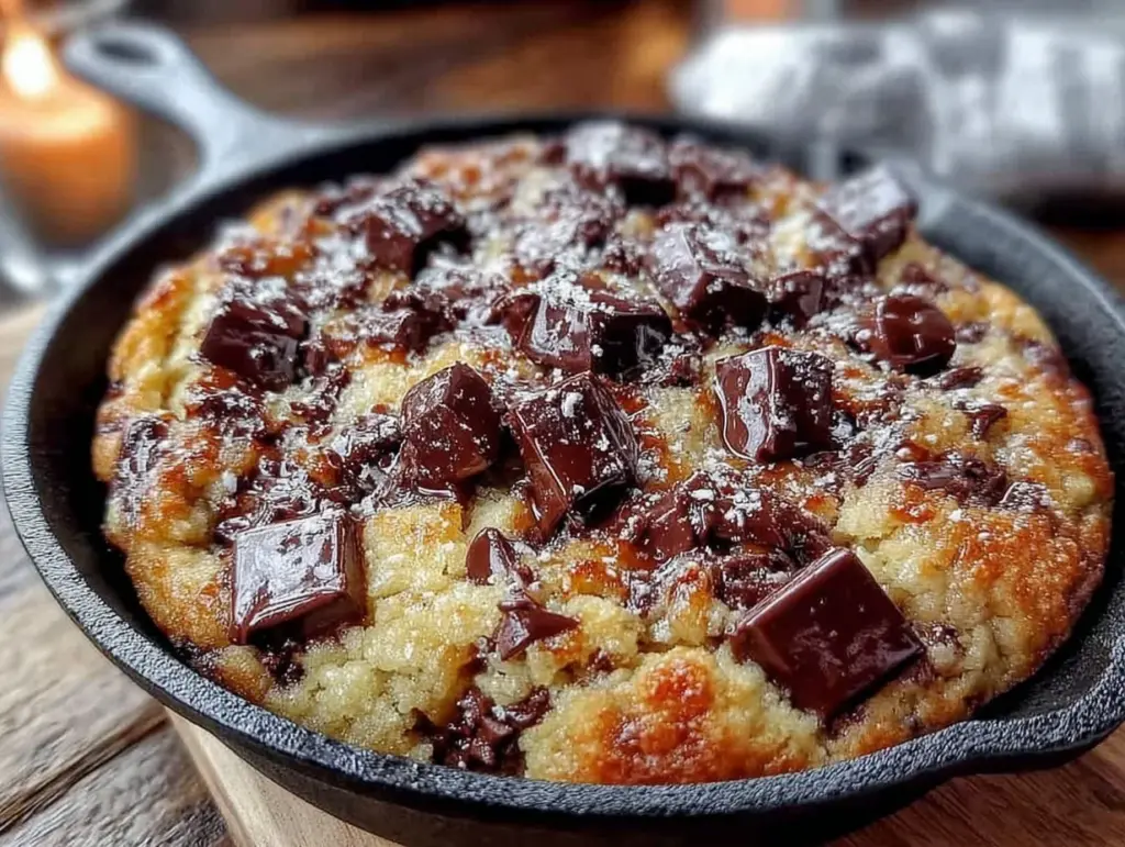 gooey cast iron chocolate chip cookie giant - featured image