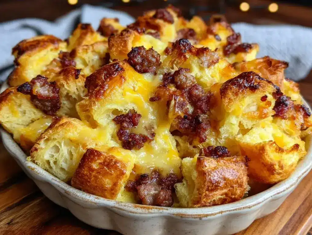 sausage and egg croissant casserole - featured image
